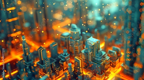 Futuristic cityscape immersed in golden hues, digital art with a cyberpunk vibe, perfect for tech backgrounds. AI