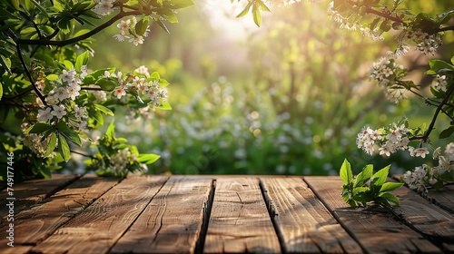 Spring beautiful background with green lush young foliage and flowering branches with an empty wooden table on nature outdoors © INK ART BACKGROUND