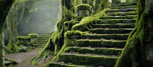 A set of moss-covered steps leads upward to a dense forest. The steps are old and made of concrete, surrounded by lush greenery and trees. The scene exudes a sense of mystery and age.