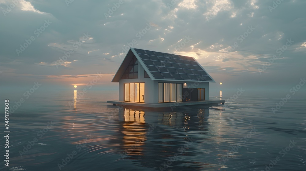 Serene waterfront cabin at dusk, perfect for solitude and reflection. calm sea, subtle colors illustrate peace. ideal for wallpapers. AI