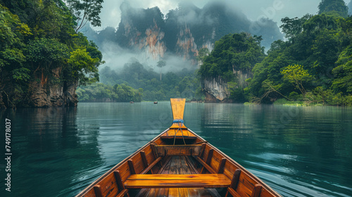 Fun boat trip. Magnificent nature of Thailand. Moving thai traditional Wooden boat sail among tropical islands at National Park. Summer vacation. Asia travel. Beautiful background. Tropical landscape.