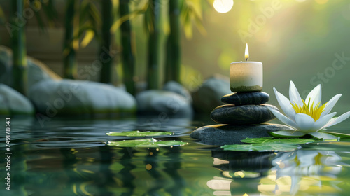 Spa: Natural Alternative Therapy With Massage Stones And Water Lily in Water with bamboo tree, scented candle, in the style of stone sculptures