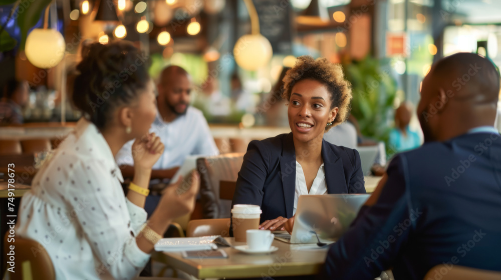 a smiling person is holding a coffee cup while engaging in a lively conversation with another individual across the table in a bustling cafe setting. a smiling person is holding a coffee cup while engaging in a lively conversation with another individual across the table in a bustling cafe setting.