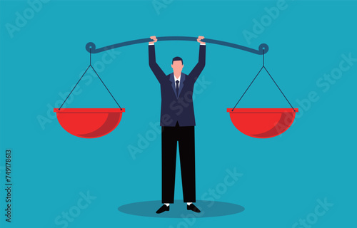Fair and equitable norms and ethics, moral or legal constraints, the businessman lifts a major balance scale