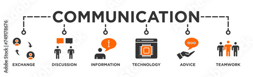 Communication banner web icon illustration concept with icon of exchange, discussion, information, technology, advice, and teamwork
