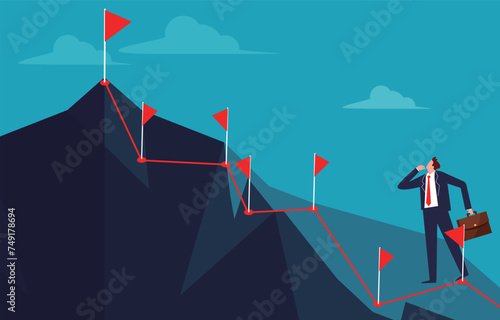 Milestones, milestones and achievements, challenges, progress or growth, businessmen getting goal flag after goal flag as they go to the top of a mountain