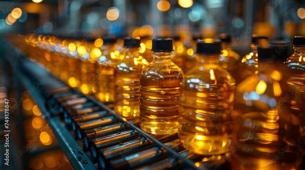 Bottling line of sunflower oil in bottles. Vegetable oil production plant. High technology Bottling line of sunflower oil in bottles. Vegetable oil production plant. High technology
