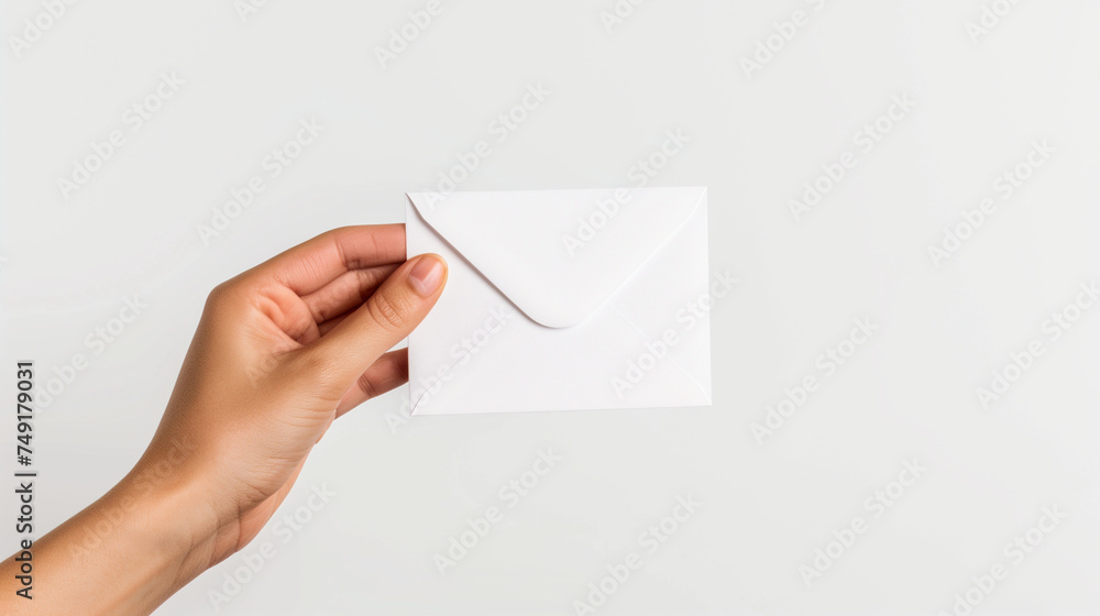 Fototapeta premium hand holding envelope, pure white background, Ai Generated Images
