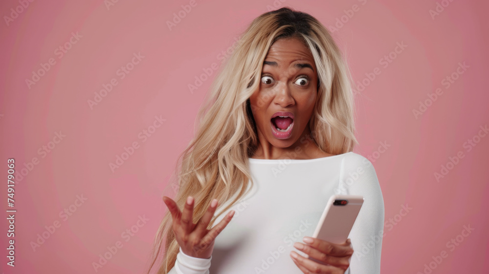 A startled woman with wide eyes and an open mouth is holding a smartphone, gesturing with one hand as if reacting to surprising news. A startled woman with wide eyes and an open mouth is holding a smartphone, gesturing with one hand as if reacting to surprising news.
