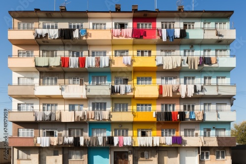 background of the facade of a multi-storey building with bright multi-colored balconies