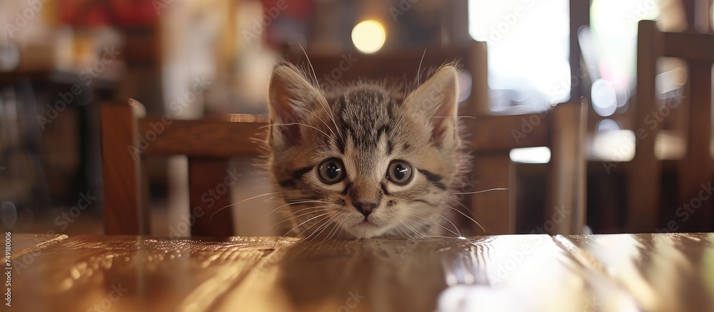 A small, adorable kitten sits on top of a wooden table, looking curiously at its surroundings. The fluffy fur and bright eyes of the kitten stand out against the tables grain.