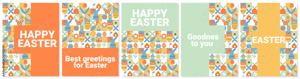 Geometric Easter banners set in retro style for celebration design. Holiday spring concept. Flat minimal vector illustration