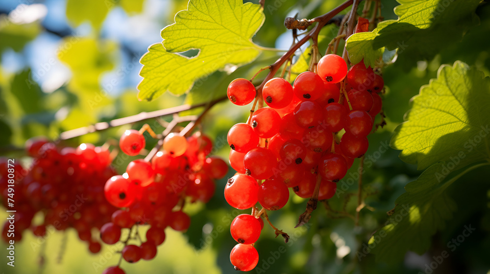 Ripe red currant berries growing on a bush - close up,Red currants on a bush on a sunny day,Red currant berries grow on Bush in garden. Banner,Soft focus on a branch of red viburnum with foliage


