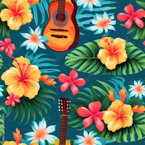 Hawaiian aloha theme hibiscus flower  Monstera leaf   and guitar seamless pattern created with Generative AI Technology