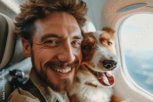 Traveling flight with a dog, happy Caucasian man with his pet on the plane