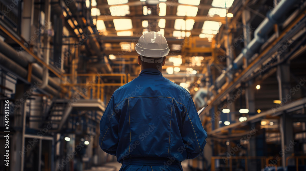 An engineer in a blue uniform with a safety helmet is inspecting a petrochemical plant with a clipboard in hand, surrounded by intricate metal structures and pipelines An engineer in a blue uniform with a safety helmet is inspecting a petrochemical plant with a clipboard in hand, surrounded by intricate metal structures and pipelines