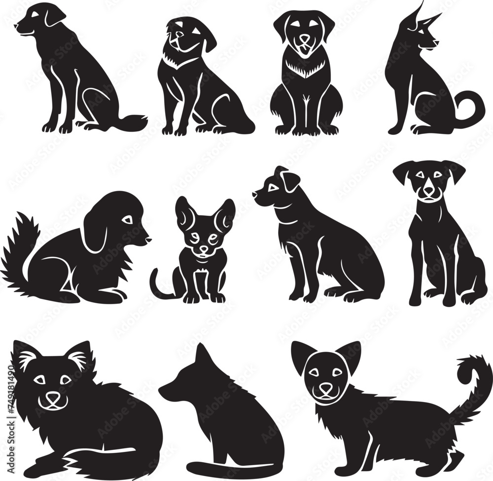 Farm Animals Dog and Cat silhouettes set isolated white background