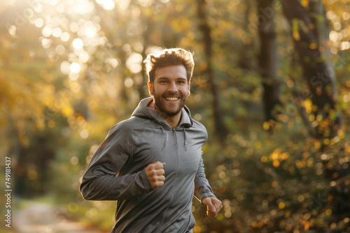 Young happy sportsman running in nature