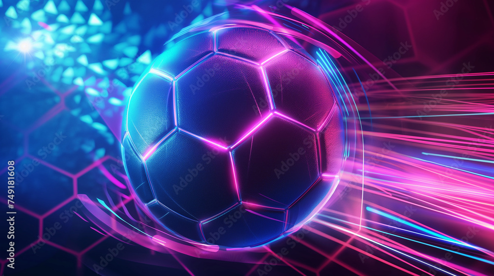 Fototapeta premium Neon-style illustration, Soccer ball with a dynamic motion trail, Abstract hexagonal pattern background, Vibrant blue and pink neon lines, Futuristic and energetic concept