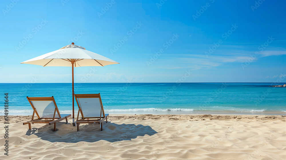 Beach umbrella providing shade on a bright sunny day, Sun loungers underneath, Inviting and leisurely environment, Soft sand and gentle waves

