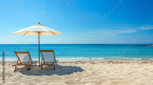 Beach umbrella providing shade on a bright sunny day, Sun loungers underneath, Inviting and leisurely environment, Soft sand and gentle waves 