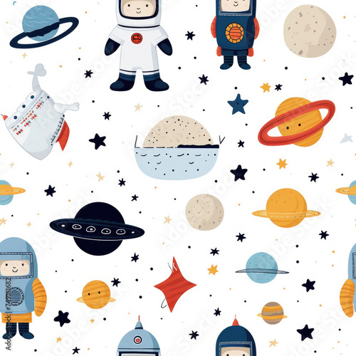 cute simple repeating pattern of flat colored children's drawings of space, rockets, planets, astronauts and stars on a white background created with Generative AI Technology