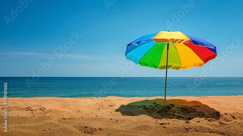 Vibrant Beach Umbrella: Concept of Travel, Summer Beach Holiday, Colorful Canopy Providing Shade and Cheerful Ambiance Against Azure Skies and Sun-Kissed Sands
