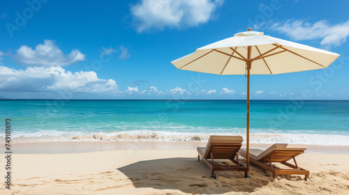 Beach umbrella providing shade on a bright sunny day  Sun loungers underneath  Concept of travel  summer beach holiday  Soft sand and gentle waves