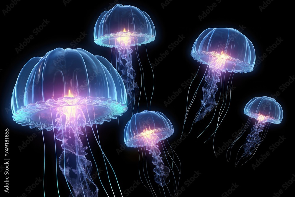 Background of Jellyfish Japanese Sea Nettle (Chrysaora pacifica) poisionous jellyfish. Blue neon glow light effect Background of Jellyfish Japanese Sea Nettle (Chrysaora pacifica) poisionous jellyfish. Blue neon glow light effect