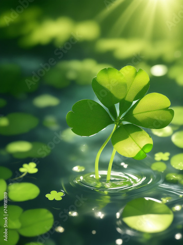 A photo of very beautiful Green clvoer leaf in water with bokeh and sun rise Generative AI