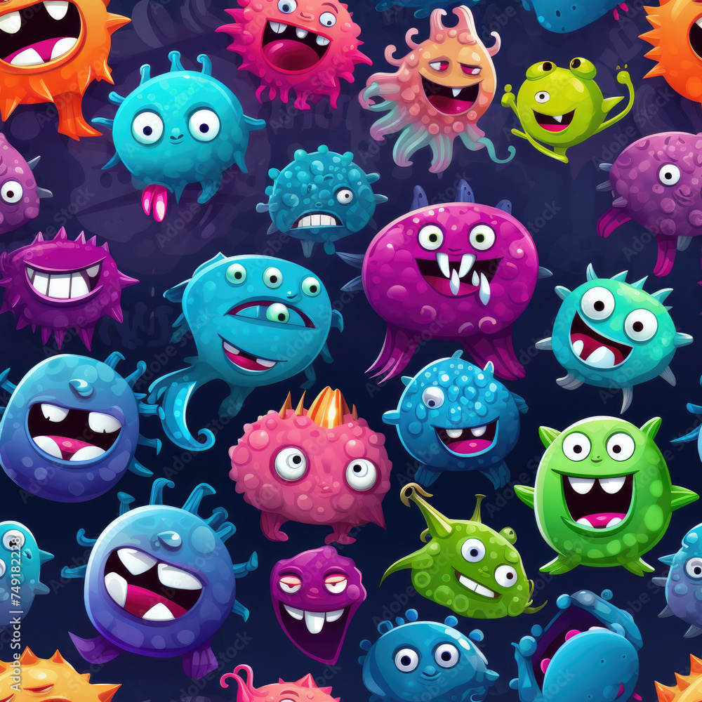 Fototapeta premium various shapes of Virus bacteria with cute cartoon style repeating patterns created with Generative AI Technology