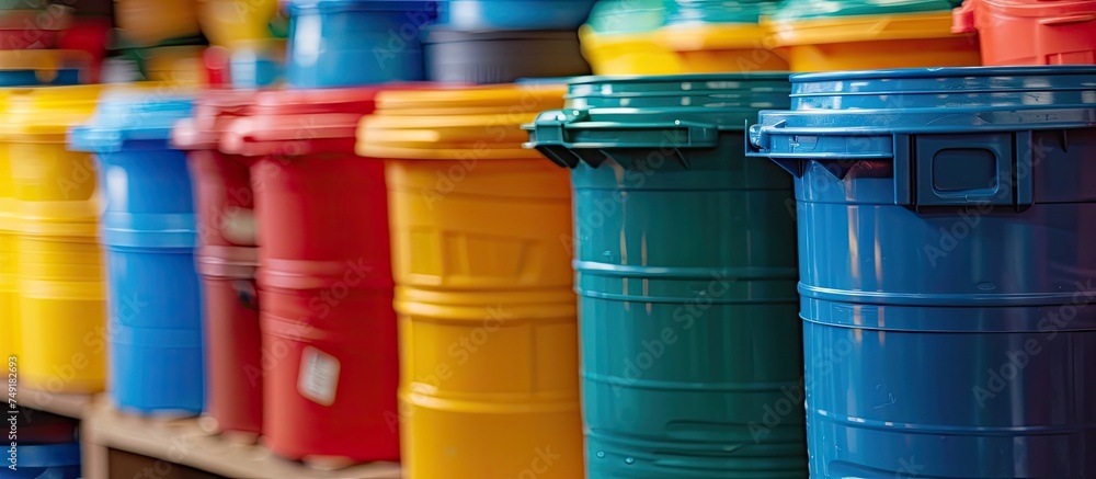 A row of vibrant plastic barrels sits neatly on a shelf, each container storing scientific waste for effective waste management. The barrels are organized in a uniform manner, displaying a range of A row of vibrant plastic barrels sits neatly on a shelf, each container storing scientific waste for effective waste management. The barrels are organized in a uniform manner, displaying a range of