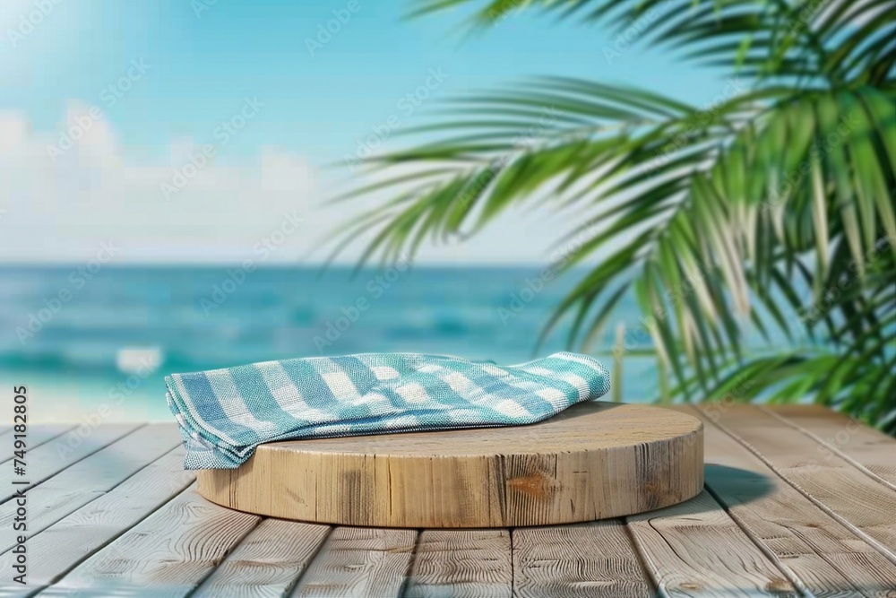 Empty wooden podium with tablecloth on table over tropical beach bokeh background. Summer mock up for design and product display. generative ai. - obrazy, fototapety, plakaty 