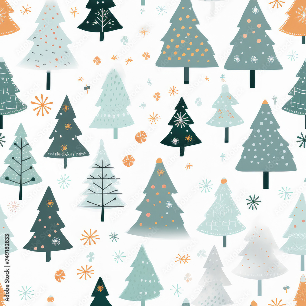seamless pattern of cute silver Christmas trees, stars and snowflakes created with Generative AI Technology