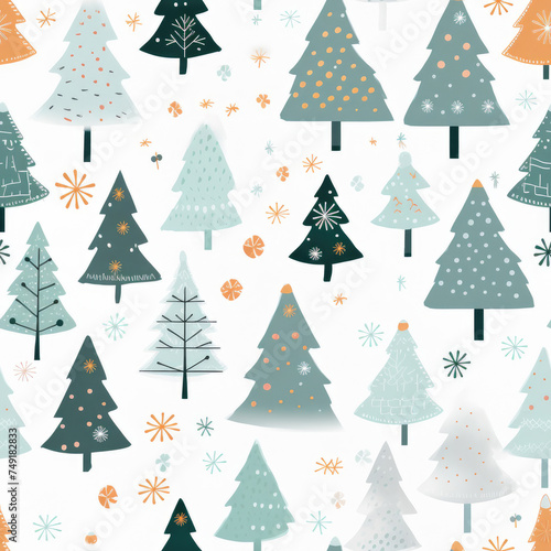 seamless pattern of cute silver Christmas trees, stars and snowflakes created with Generative AI Technology © AstraNova