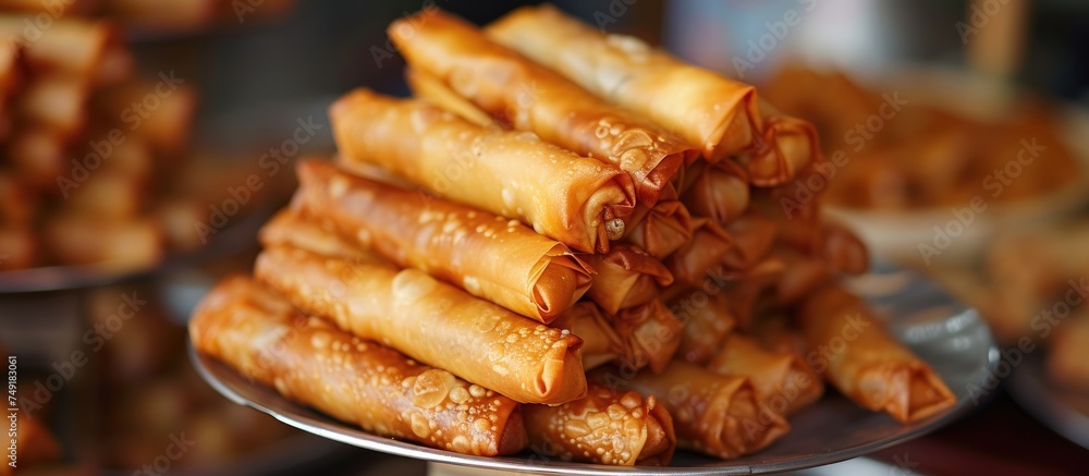 A stack of various foods, including lumpia, resting on a shiny metal plate. The assortment of dishes creates a diverse and appetizing display. A stack of various foods, including lumpia, resting on a shiny metal plate. The assortment of dishes creates a diverse and appetizing display.