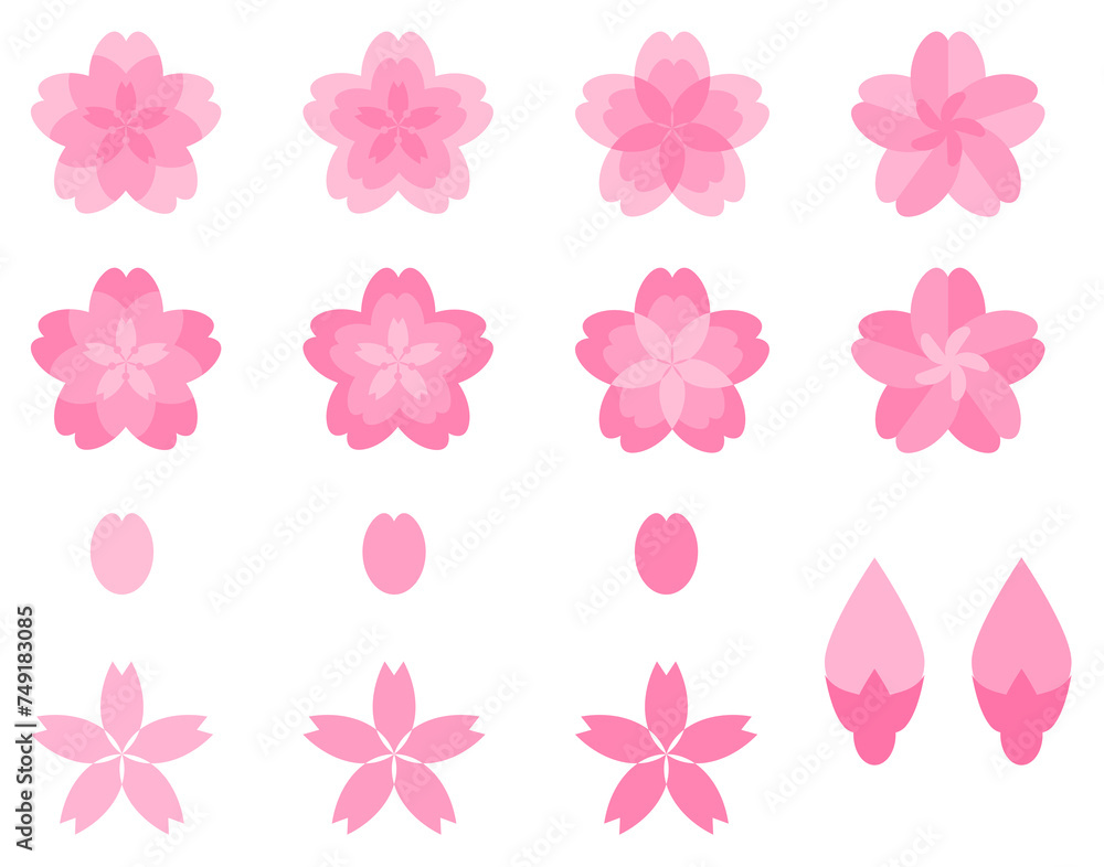 桜の花と花びら、つぼみの素材、計16種