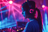 Young woman DJ wearing headphones and playing music in night club party