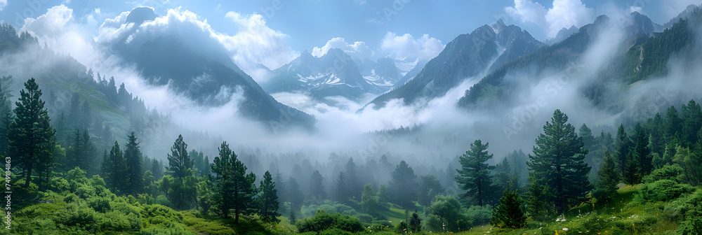 Dark mountain, pine forest with fog ,
Clouds over a mountain valley.
