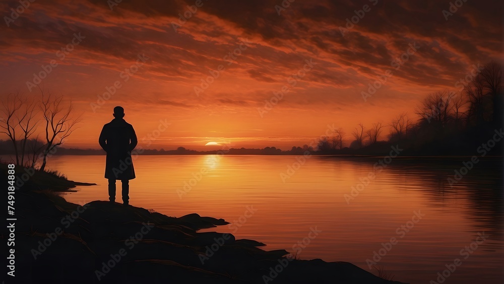 A silhouette of a lone figure against a fiery sunset