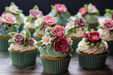 assortiment de cupcakes traditionnels avec glaçage royal au sucre vert ou blanc, et des topings en pâte à sucre en forme de roses et feuilles.