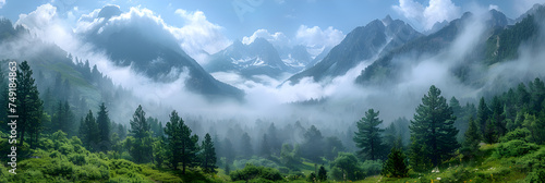 Dark mountain, pine forest with fog , Clouds over a mountain valley. 