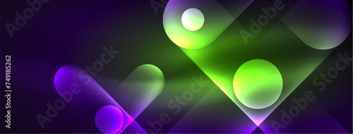 Abstract design pulsates with neon glowing light effects, casting an entrancing glow in the darkness, captivating the eye with its vibrant energy. Glass circles neon glowing light effects