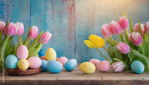 Spring Celebration: Rustic Wooden Table Adorned with Easter Eggs and Tulips
