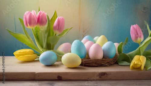 Rustic Easter Charm: Eggs and Tulips Set the Stage for a Springtime Celebration