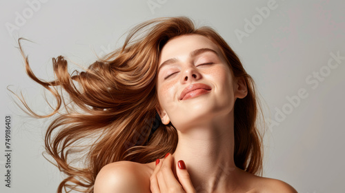 joyful woman with her long, flowing hair dynamically spread out