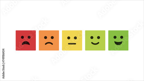 Feedback of Satisfaction Rate Level Form with Emoticons Square Icons. Excellent, Good, Average, Sad, Bad User Experience in Smiley. photo