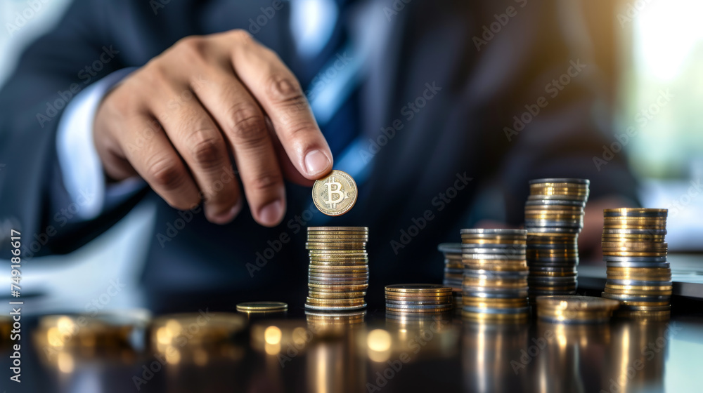 person in professional attire stacking coins into piles on a reflective surface, with a focus on savings or financial growth. person in professional attire stacking coins into piles on a reflective surface, with a focus on savings or financial growth.