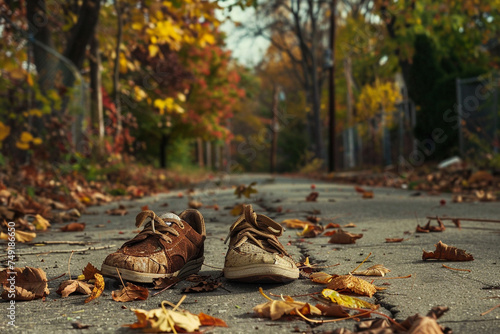 Abandoned shoes on a vacant street, symbolic of the journey halted by the harsh reality of broken dreams photo
