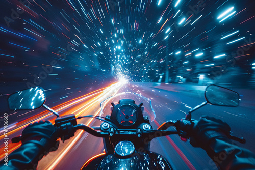 Abstract concept of a motorcycle journey through an empty universe, stars streaking past as the rider searches for something more photo